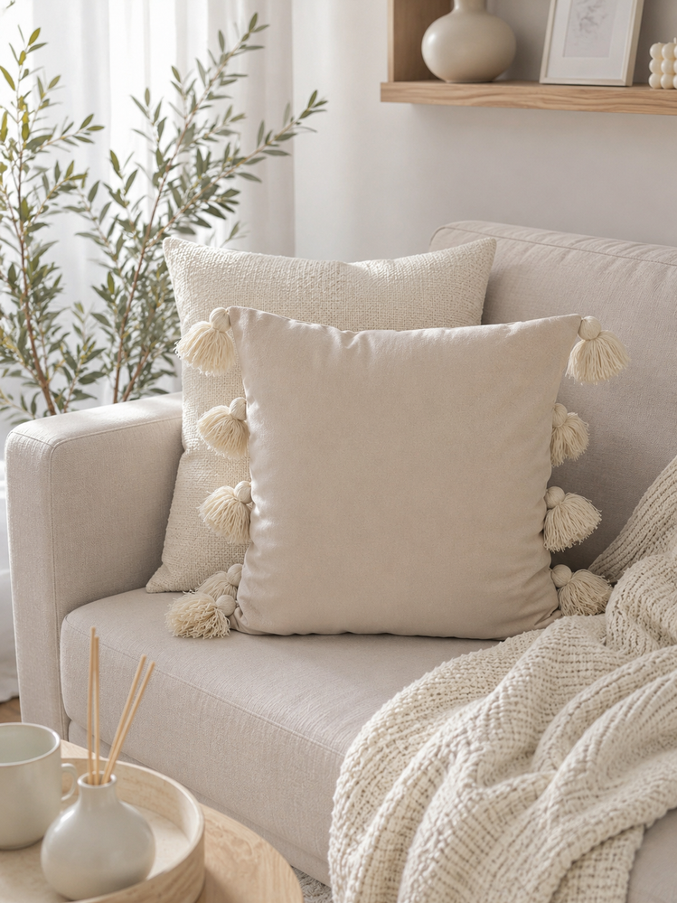 Наволочка на подушку 45х45см велюр з китицями бежева 1172 фото